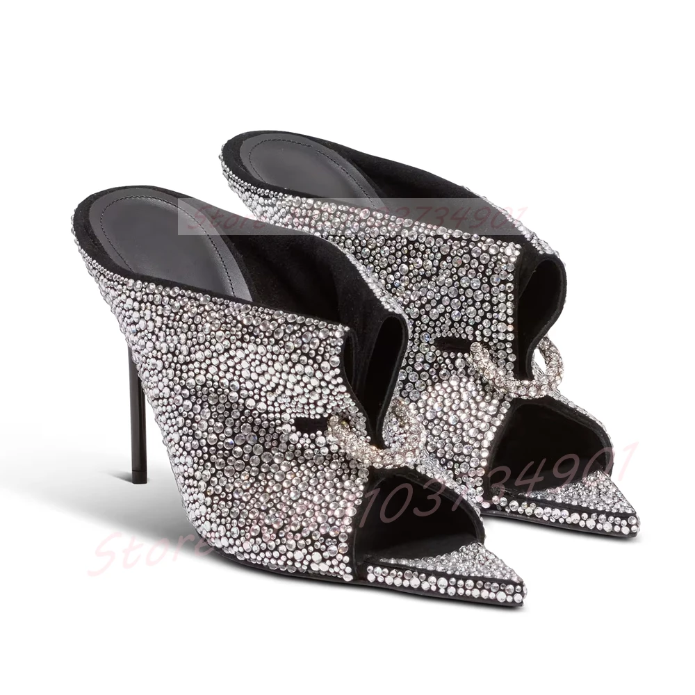 Sparkling Crystals Heeled Mules Women Front Pierced Open Pointed-Toe Mules Feminine Sexy Slip-On High Heels Shoes
