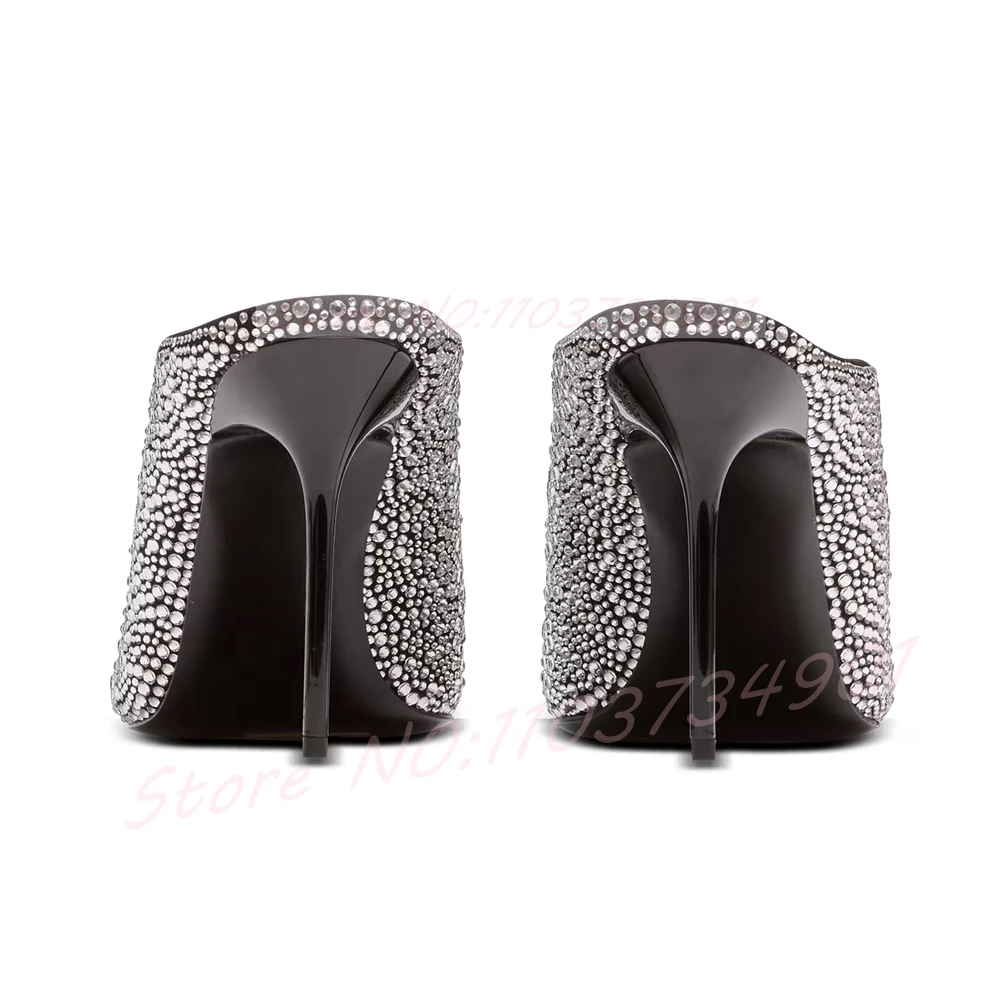 Sparkling Crystals Heeled Mules Women Front Pierced Open Pointed-Toe Mules Feminine Sexy Slip-On High Heels Shoes