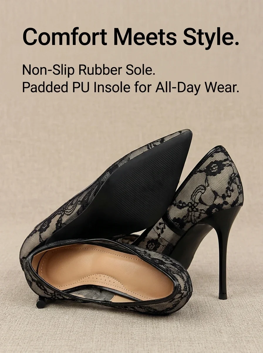 Women's Stiletto Pumps 1853-1 Sexy Pointed Toe Lace Mesh Hollow Out Slimming Dress High Heels