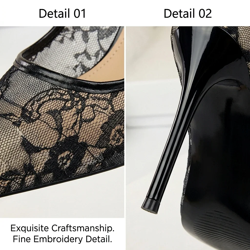 Women's Stiletto Pumps 1853-1 Sexy Pointed Toe Lace Mesh Hollow Out Slimming Dress High Heels