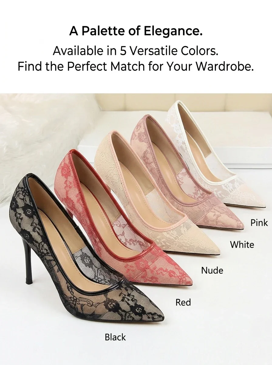Women's Stiletto Pumps 1853-1 Sexy Pointed Toe Lace Mesh Hollow Out Slimming Dress High Heels