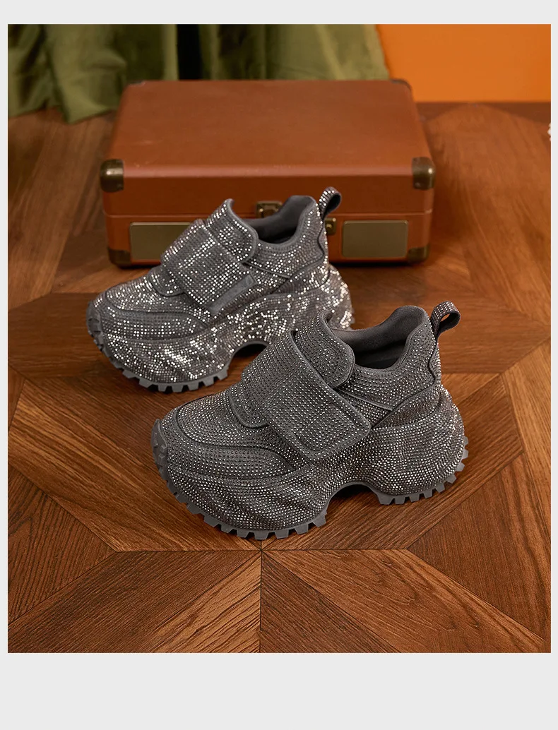 8.5CM Women Full Diamond Thick Soled Casual Shoes New Autumn Bling Rhinestone Chunky Sneakers High Platform Walking Sports Shoes