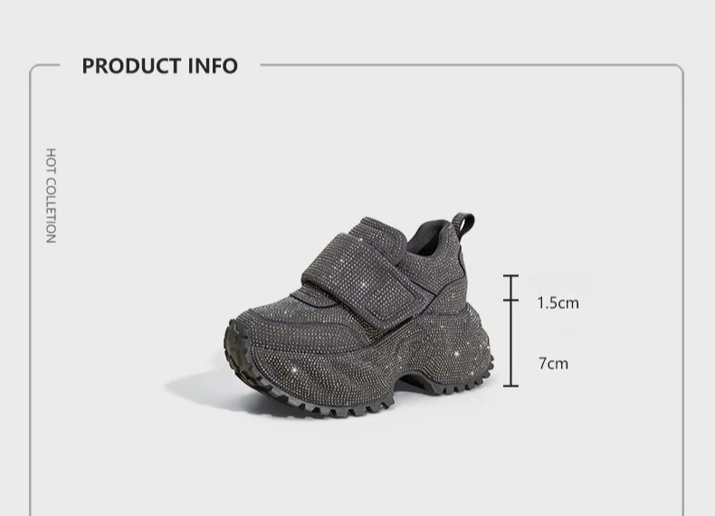 8.5CM Women Full Diamond Thick Soled Casual Shoes New Autumn Bling Rhinestone Chunky Sneakers High Platform Walking Sports Shoes