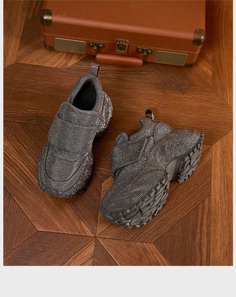 8.5CM Women Full Diamond Thick Soled Casual Shoes New Autumn Bling Rhinestone Chunky Sneakers High Platform Walking Sports Shoes