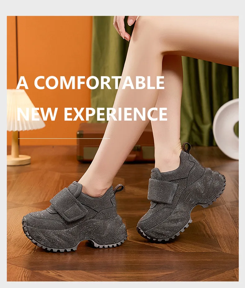8.5CM Women Full Diamond Thick Soled Casual Shoes New Autumn Bling Rhinestone Chunky Sneakers High Platform Walking Sports Shoes