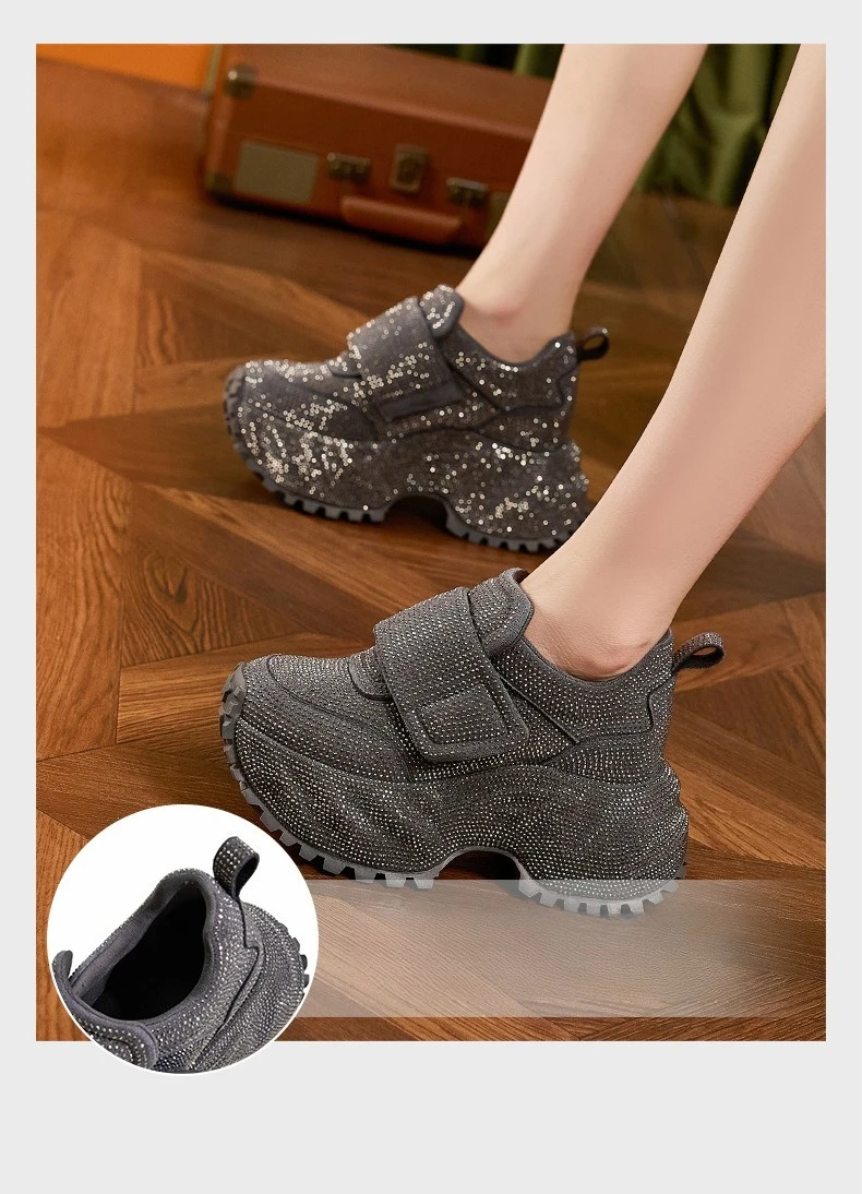 8.5CM Women Full Diamond Thick Soled Casual Shoes New Autumn Bling Rhinestone Chunky Sneakers High Platform Walking Sports Shoes