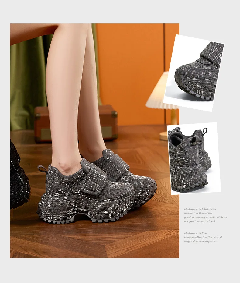 8.5CM Women Full Diamond Thick Soled Casual Shoes New Autumn Bling Rhinestone Chunky Sneakers High Platform Walking Sports Shoes