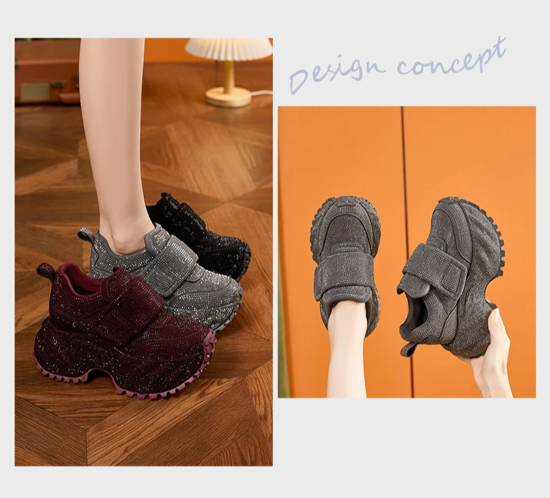8.5CM Women Full Diamond Thick Soled Casual Shoes New Autumn Bling Rhinestone Chunky Sneakers High Platform Walking Sports Shoes