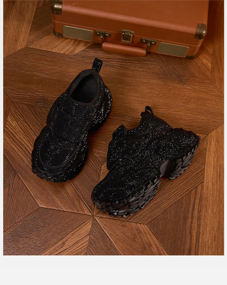 8.5CM Women Full Diamond Thick Soled Casual Shoes New Autumn Bling Rhinestone Chunky Sneakers High Platform Walking Sports Shoes