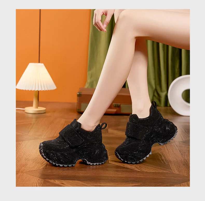 8.5CM Women Full Diamond Thick Soled Casual Shoes New Autumn Bling Rhinestone Chunky Sneakers High Platform Walking Sports Shoes