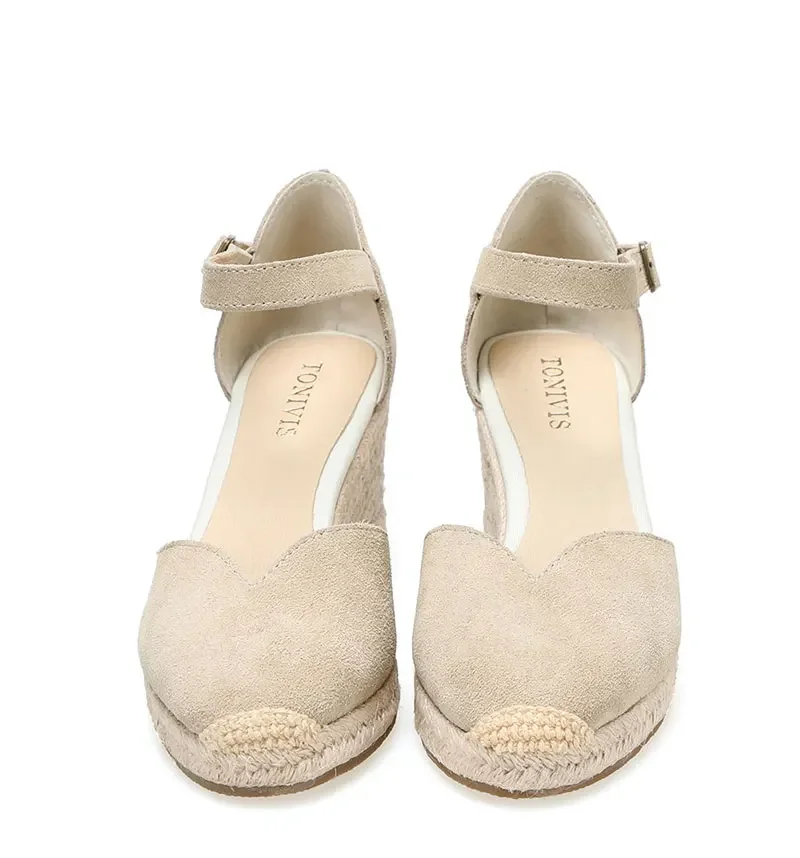 Wedge Heel Shoes Genuine Leather Women's Sandals with Ankle-wrap and 5-8cm for Ladies