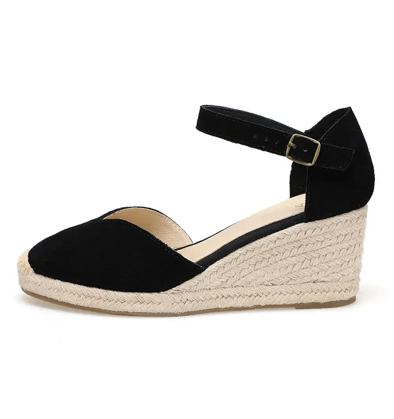 Wedge Heel Shoes Genuine Leather Women's Sandals with Ankle-wrap and 5-8cm for Ladies