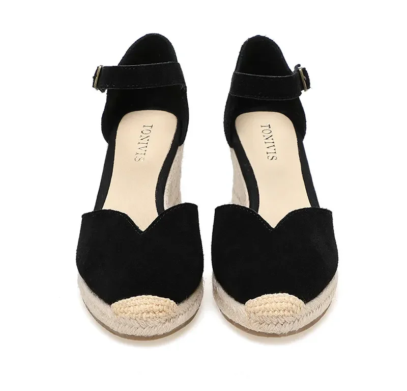 Wedge Heel Shoes Genuine Leather Women's Sandals with Ankle-wrap and 5-8cm for Ladies