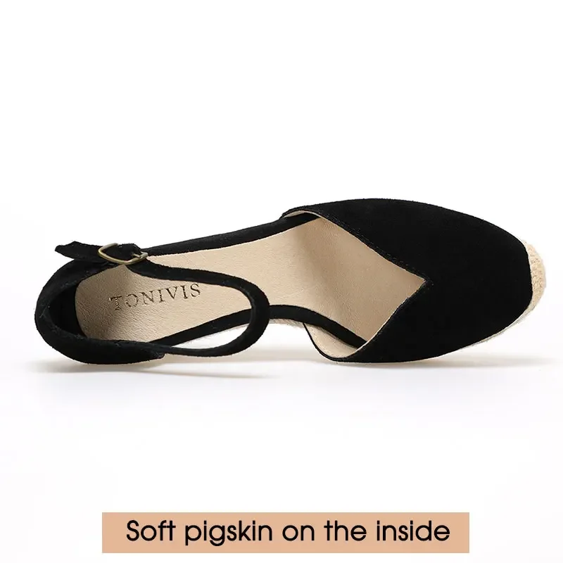Wedge Heel Shoes Genuine Leather Women's Sandals with Ankle-wrap and 5-8cm for Ladies