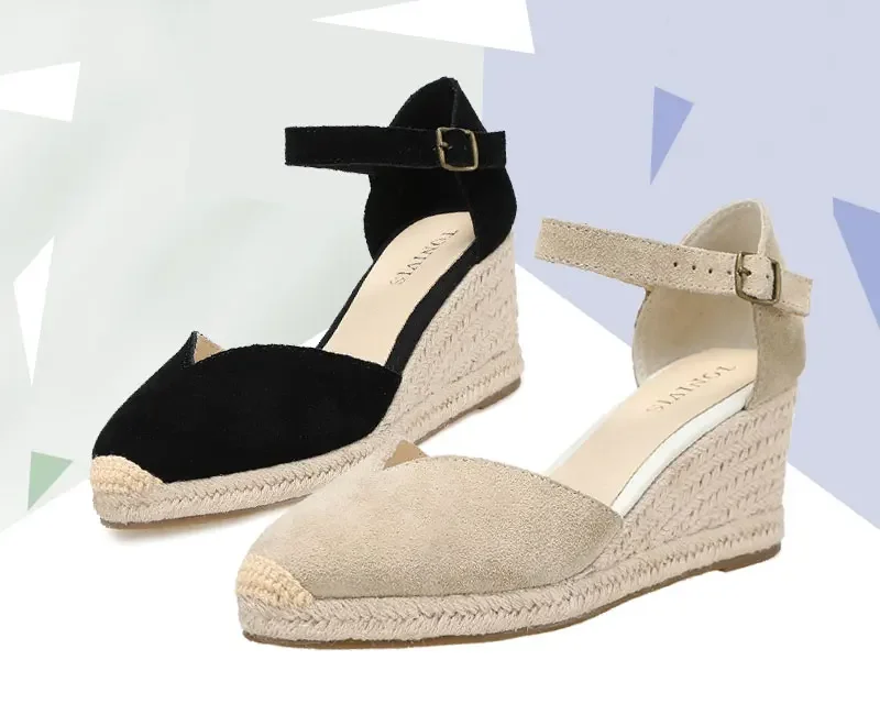 Wedge Heel Shoes Genuine Leather Women's Sandals with Ankle-wrap and 5-8cm for Ladies