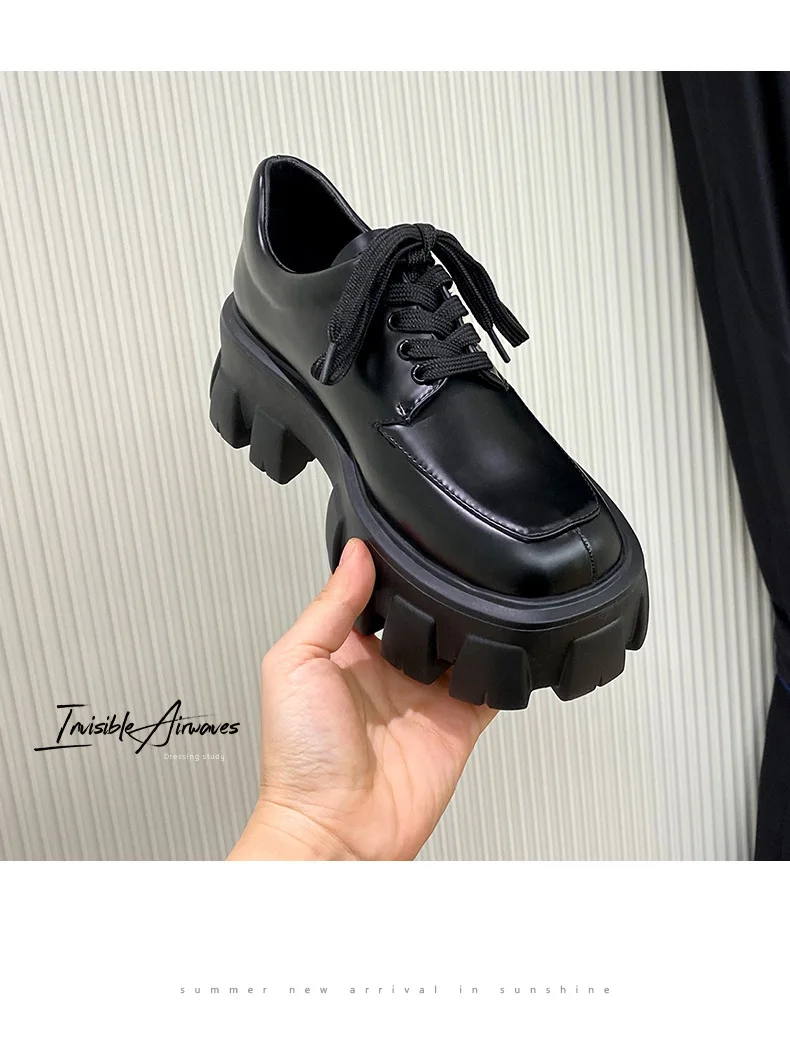 Genuine Leather Loafers Height-increasing Thick-Soled Plus-Size Women's Shoes Autumn British-Style Lace-up Small Leather Shoes