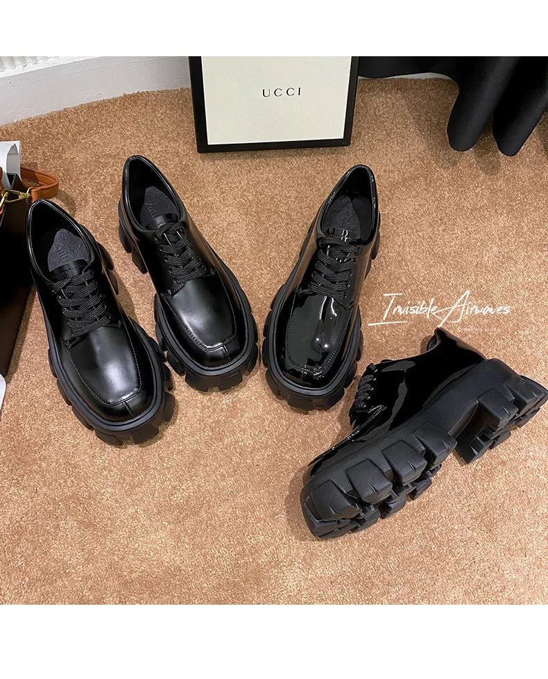 Genuine Leather Loafers Height-increasing Thick-Soled Plus-Size Women's Shoes Autumn British-Style Lace-up Small Leather Shoes