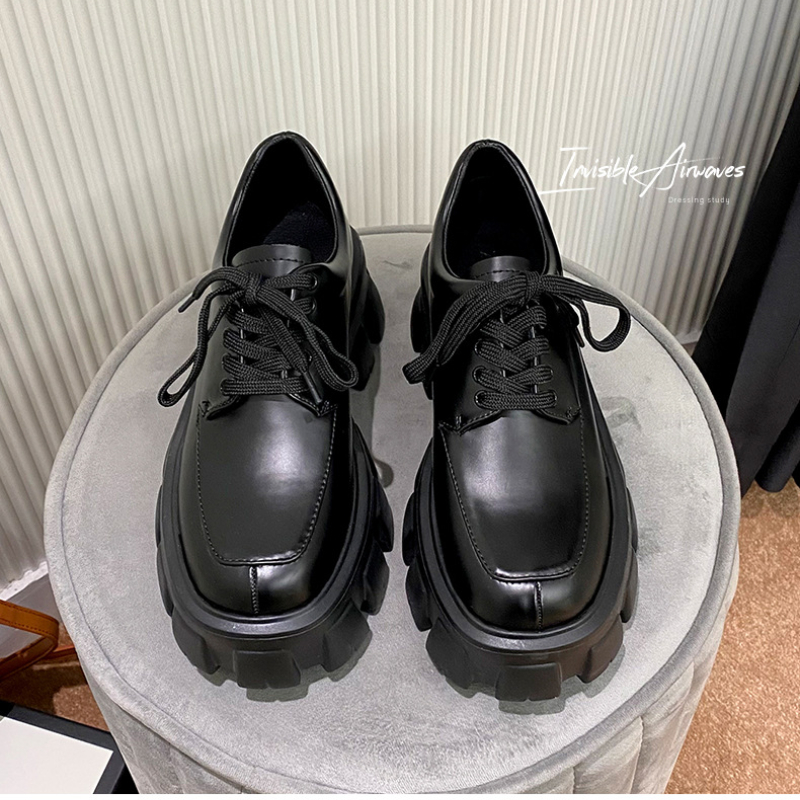 Genuine Leather Loafers Height-increasing Thick-Soled Plus-Size Women's Shoes Autumn British-Style Lace-up Small Leather Shoes