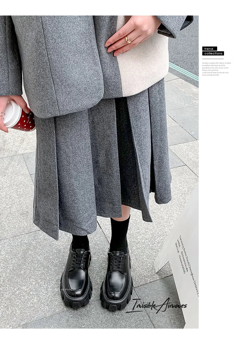 Genuine Leather Loafers Height-increasing Thick-Soled Plus-Size Women's Shoes Autumn British-Style Lace-up Small Leather Shoes