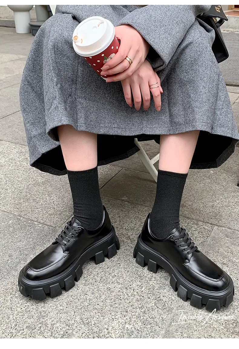 Genuine Leather Loafers Height-increasing Thick-Soled Plus-Size Women's Shoes Autumn British-Style Lace-up Small Leather Shoes