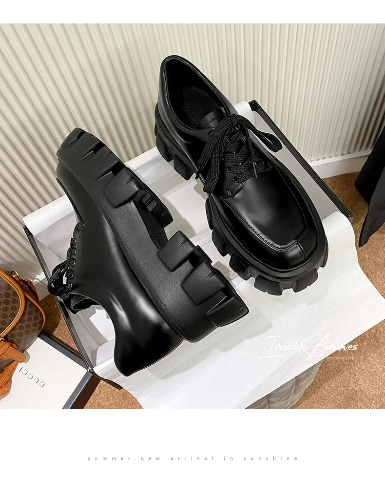 Genuine Leather Loafers Height-increasing Thick-Soled Plus-Size Women's Shoes Autumn British-Style Lace-up Small Leather Shoes