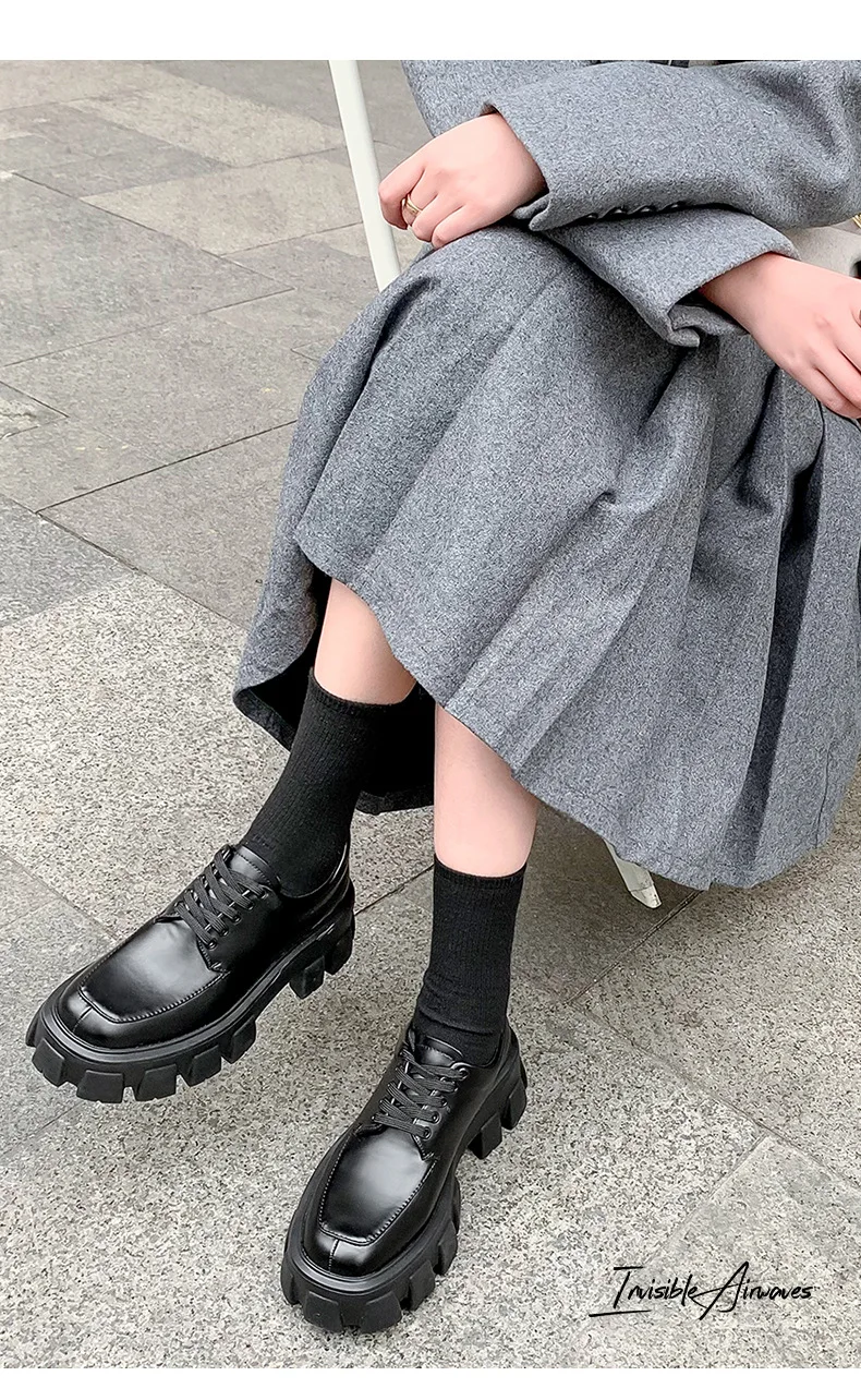 Genuine Leather Loafers Height-increasing Thick-Soled Plus-Size Women's Shoes Autumn British-Style Lace-up Small Leather Shoes