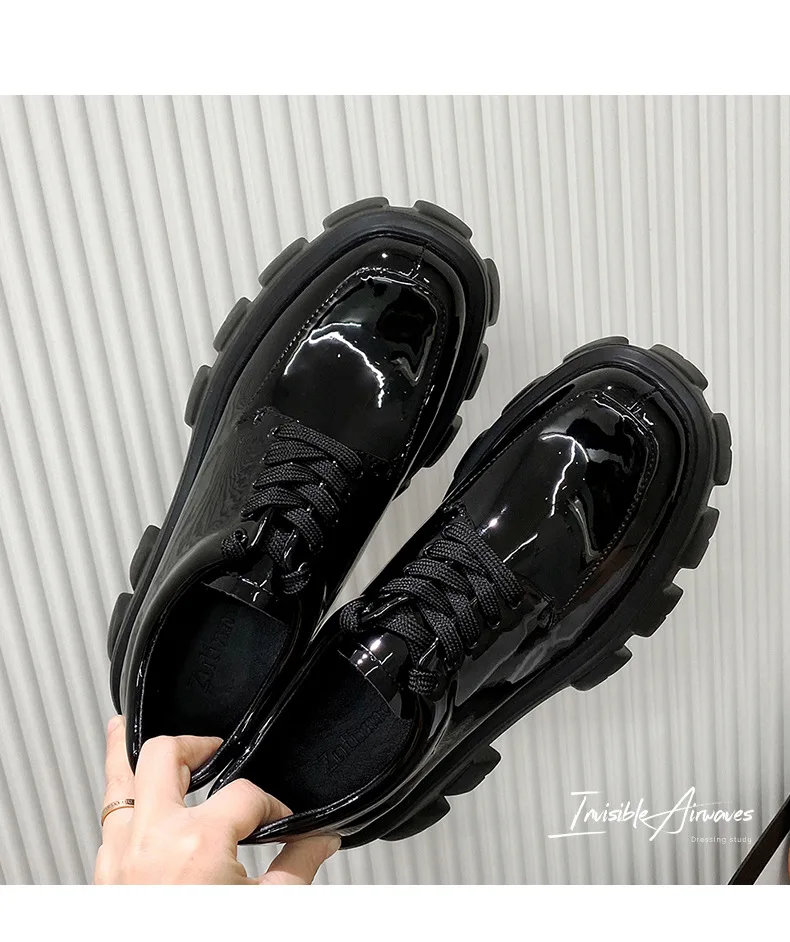 Genuine Leather Loafers Height-increasing Thick-Soled Plus-Size Women's Shoes Autumn British-Style Lace-up Small Leather Shoes
