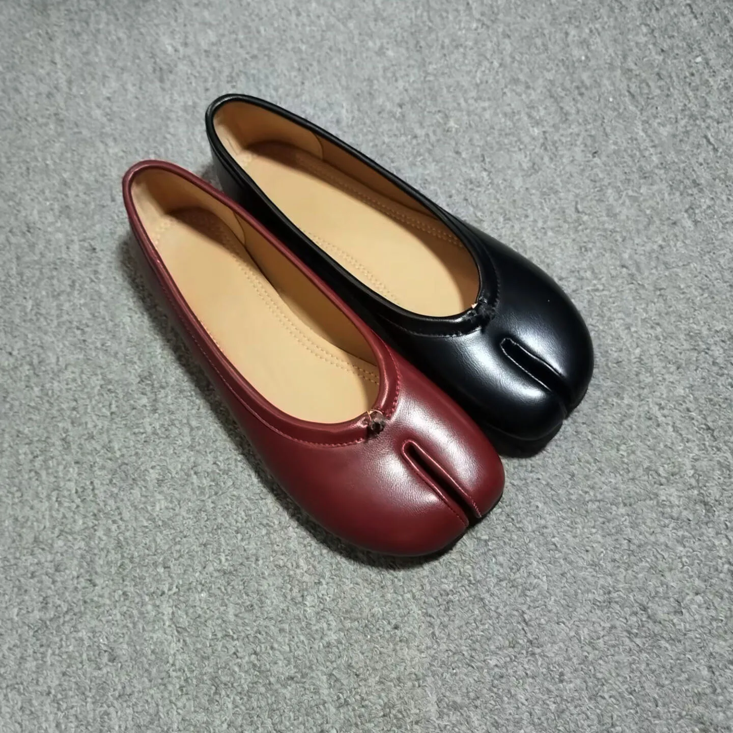 Genuine Leather Split Tabi Toe Ballet Flats Women Chinese Knot Soft Slip On Flat Walking Shoes
