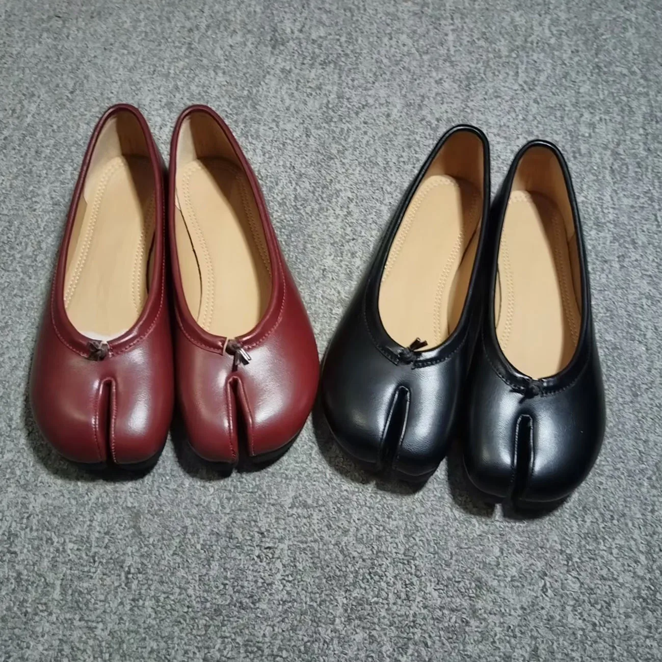Genuine Leather Split Tabi Toe Ballet Flats Women Chinese Knot Soft Slip On Flat Walking Shoes