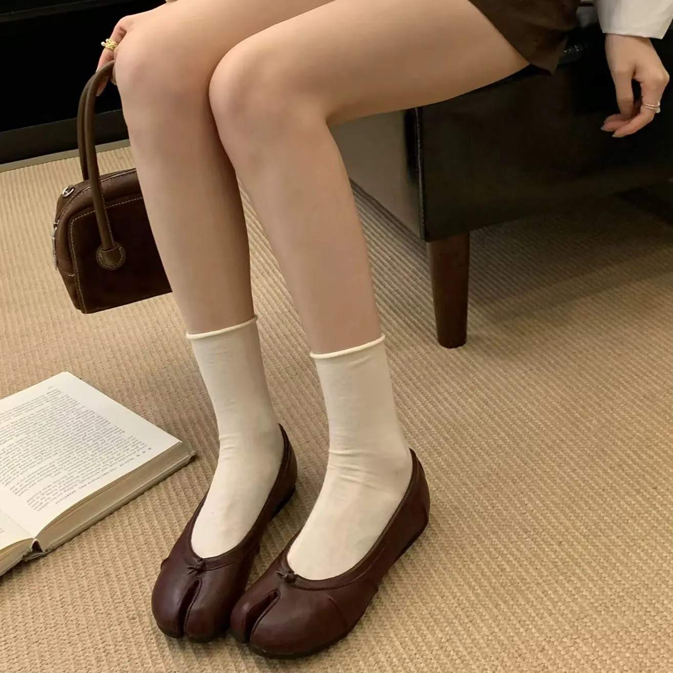 Genuine Leather Split Tabi Toe Ballet Flats Women Chinese Knot Soft Slip On Flat Walking Shoes