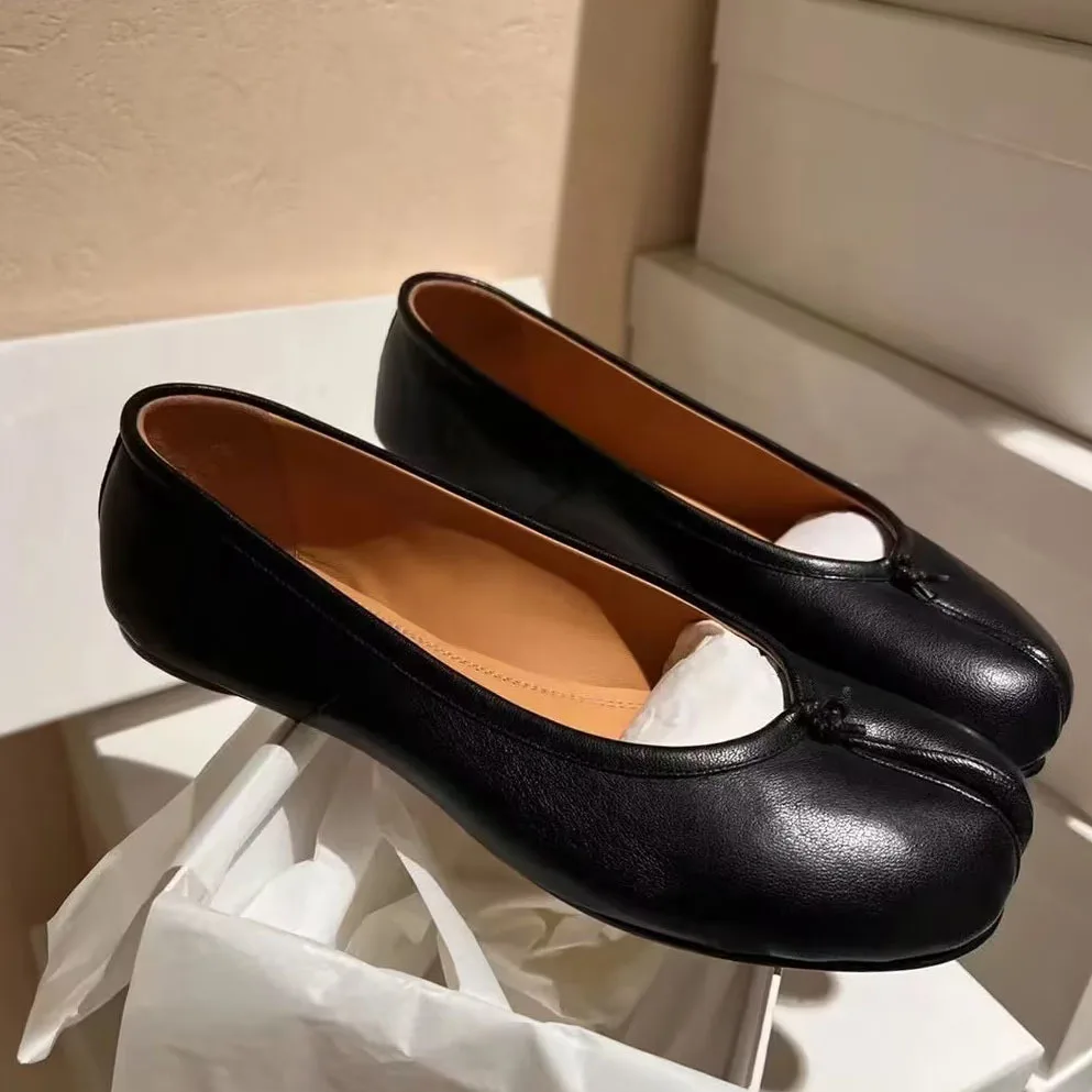 Genuine Leather Split Tabi Toe Ballet Flats Women Chinese Knot Soft Slip On Flat Walking Shoes