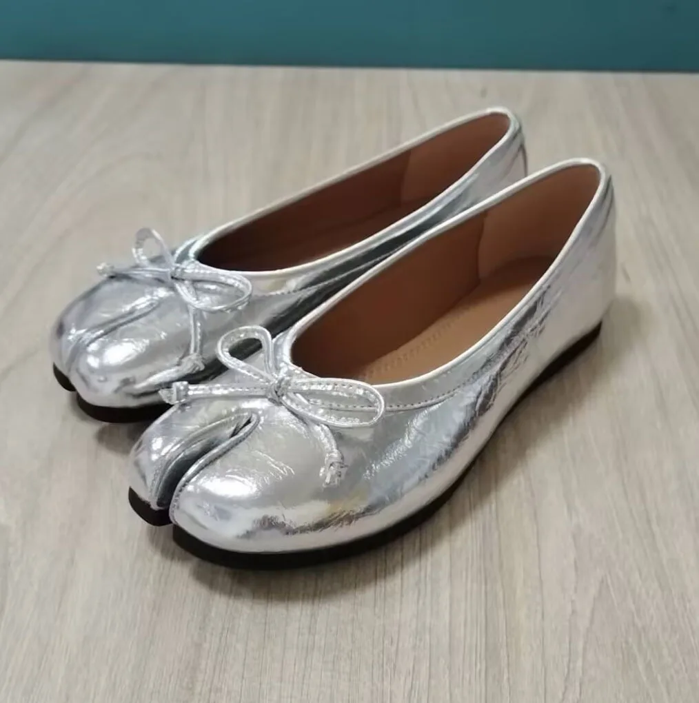 Genuine Leather Split Tabi Toe Ballet Flats Women Chinese Knot Soft Slip On Flat Walking Shoes