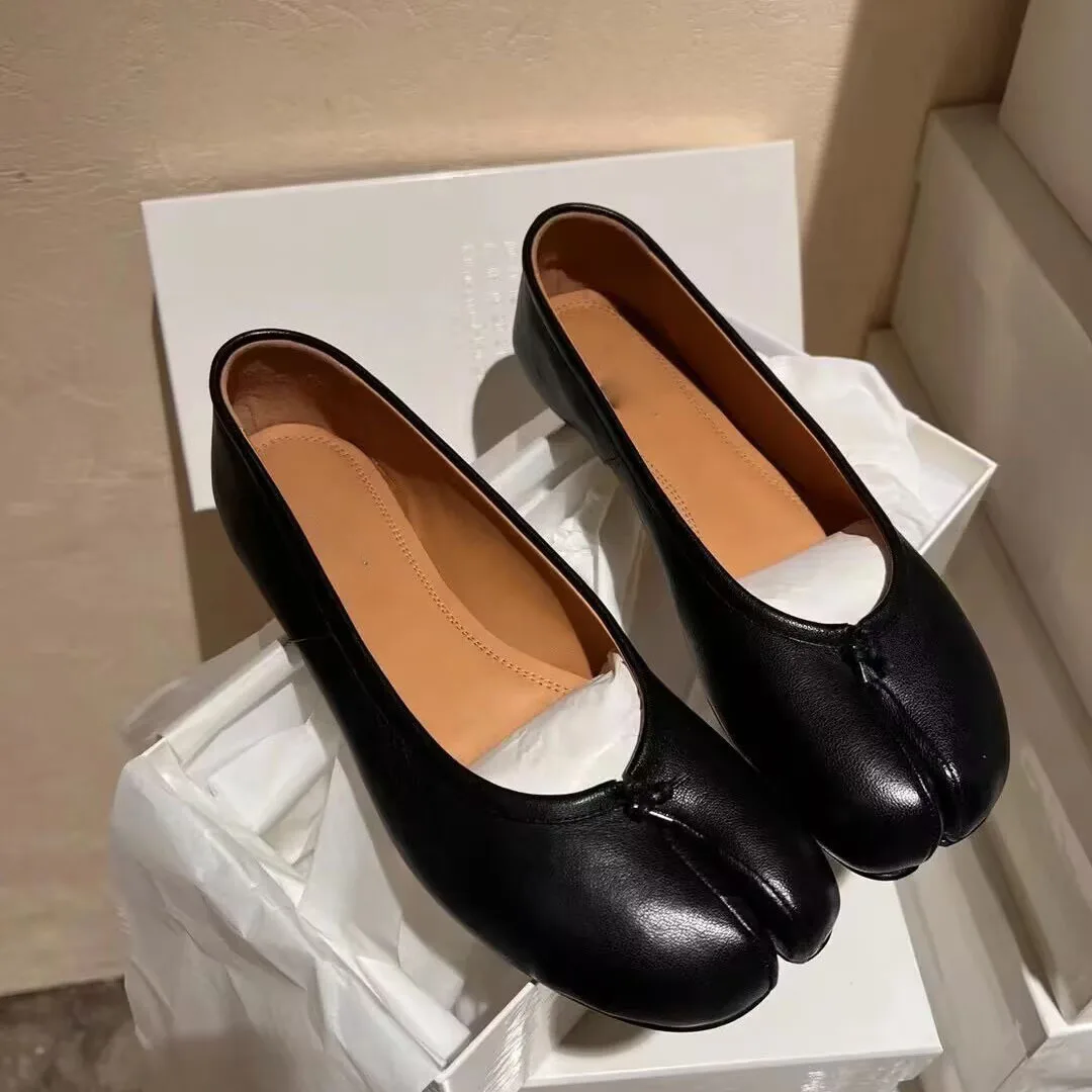 Genuine Leather Split Tabi Toe Ballet Flats Women Chinese Knot Soft Slip On Flat Walking Shoes