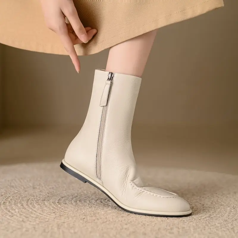 MORAZORA Size 34-43 Flat Boots Women's Genuine Leather Ankle Boots Round Toe Zipper Autumn Winter Fashion Booties Ladies Shoes