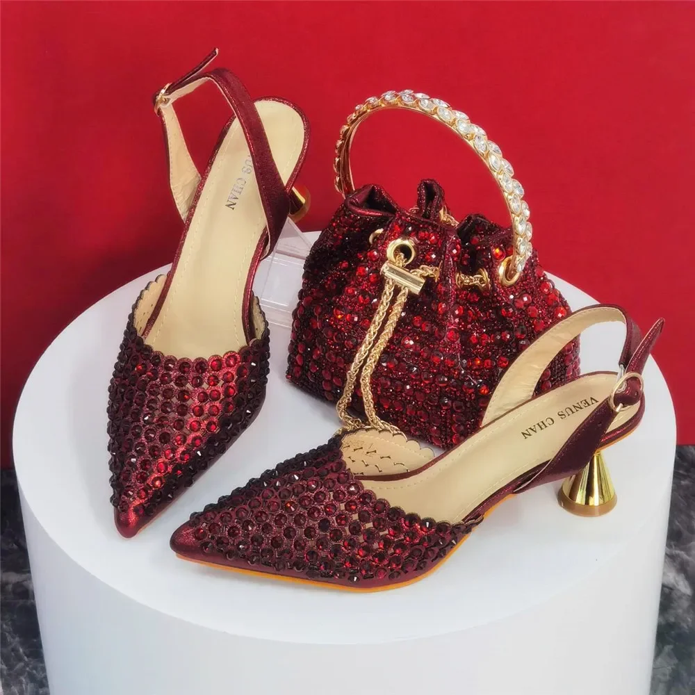 Luxury Wine Red Rhinestone Heels & Bag Set | Crystal Slingback Pumps, Womens Wedding Bridal Evening Prom Party Match Shoes Purse