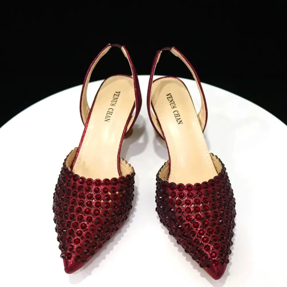 Luxury Wine Red Rhinestone Heels & Bag Set | Crystal Slingback Pumps, Womens Wedding Bridal Evening Prom Party Match Shoes Purse