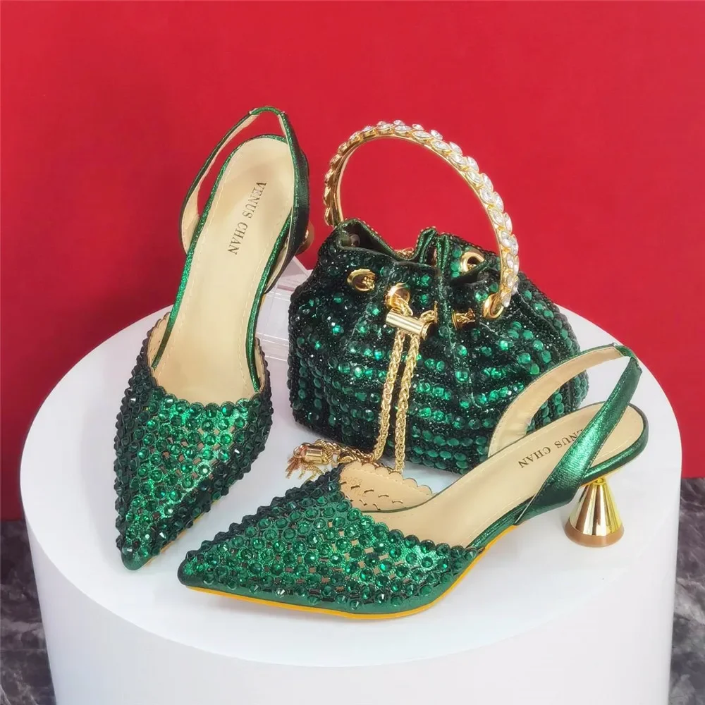 Luxury Wine Red Rhinestone Heels & Bag Set | Crystal Slingback Pumps, Womens Wedding Bridal Evening Prom Party Match Shoes Purse