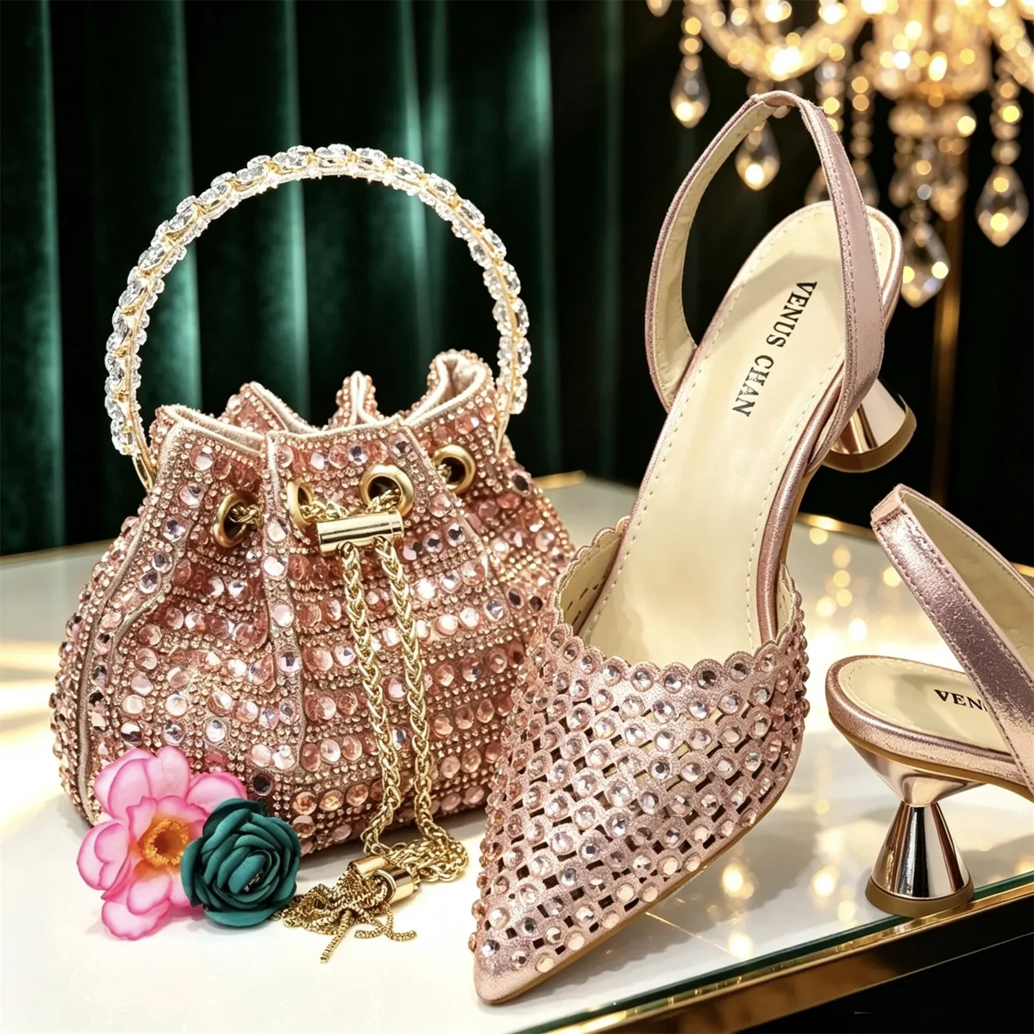 Luxury Wine Red Rhinestone Heels & Bag Set | Crystal Slingback Pumps, Womens Wedding Bridal Evening Prom Party Match Shoes Purse