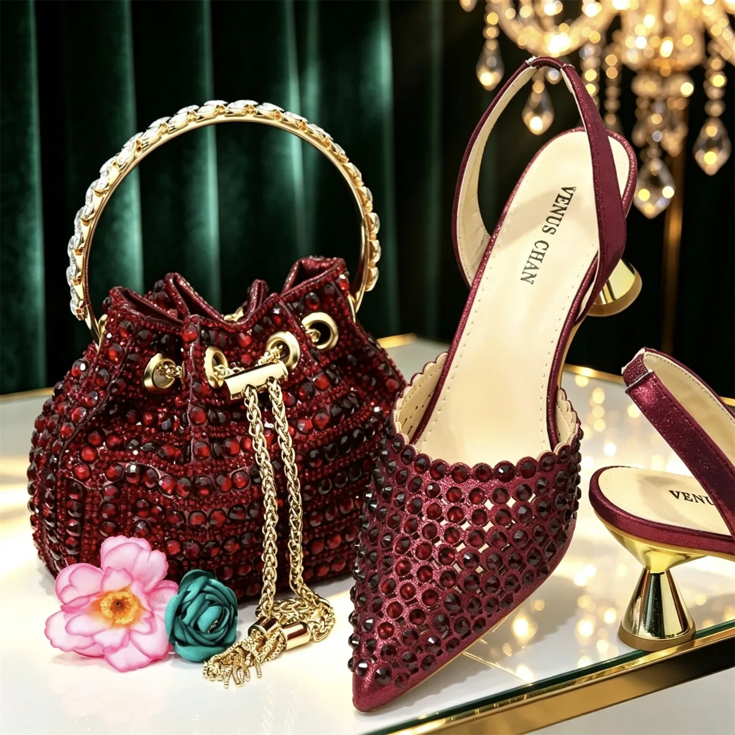 Luxury Wine Red Rhinestone Heels & Bag Set | Crystal Slingback Pumps, Womens Wedding Bridal Evening Prom Party Match Shoes Purse
