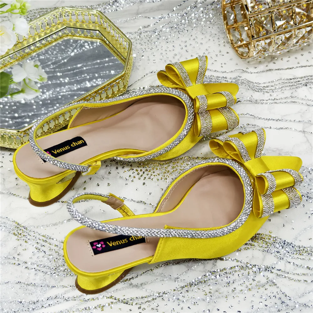 Elegant Black Satin Rhinestone Bow Slingback Heels & Clutch Bag Set, Women Bridal Matching Kit For Wedding Party Evening Prom Fo