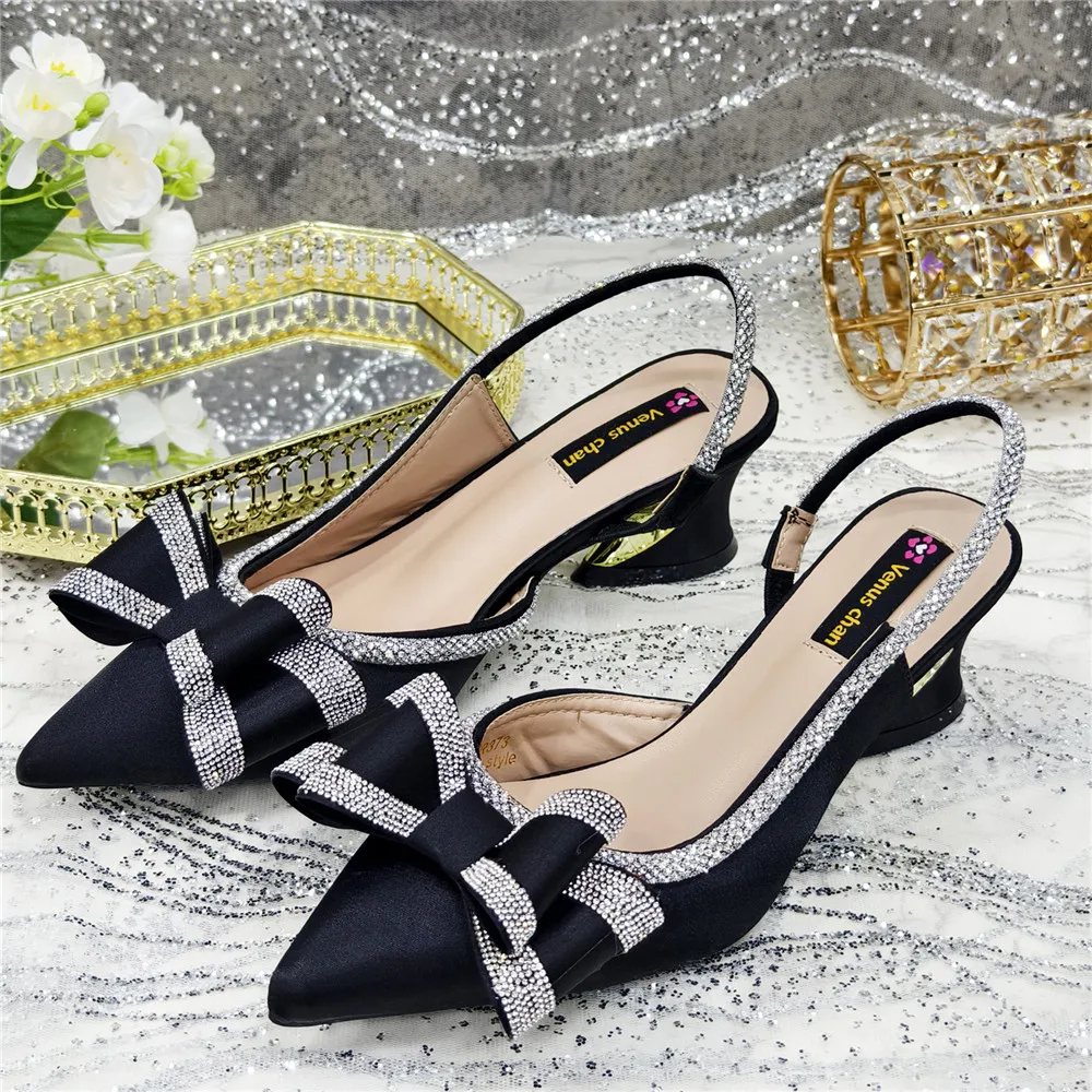 Elegant Black Satin Rhinestone Bow Slingback Heels & Clutch Bag Set, Women Bridal Matching Kit For Wedding Party Evening Prom Fo