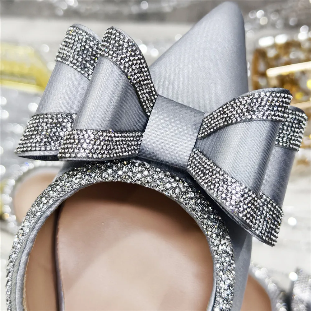Elegant Black Satin Rhinestone Bow Slingback Heels & Clutch Bag Set, Women Bridal Matching Kit For Wedding Party Evening Prom Fo