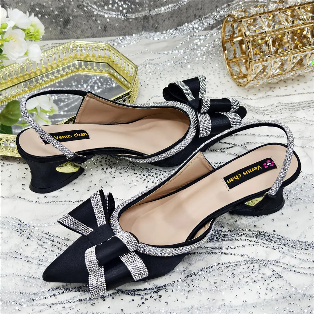 Elegant Black Satin Rhinestone Bow Slingback Heels & Clutch Bag Set, Women Bridal Matching Kit For Wedding Party Evening Prom Fo