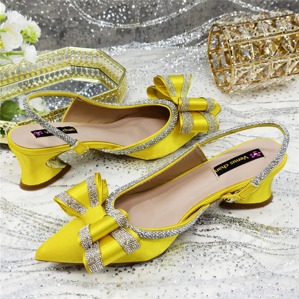 Elegant Black Satin Rhinestone Bow Slingback Heels & Clutch Bag Set, Women Bridal Matching Kit For Wedding Party Evening Prom Fo