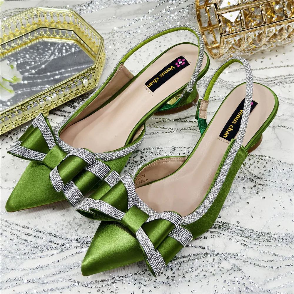 Elegant Black Satin Rhinestone Bow Slingback Heels & Clutch Bag Set, Women Bridal Matching Kit For Wedding Party Evening Prom Fo