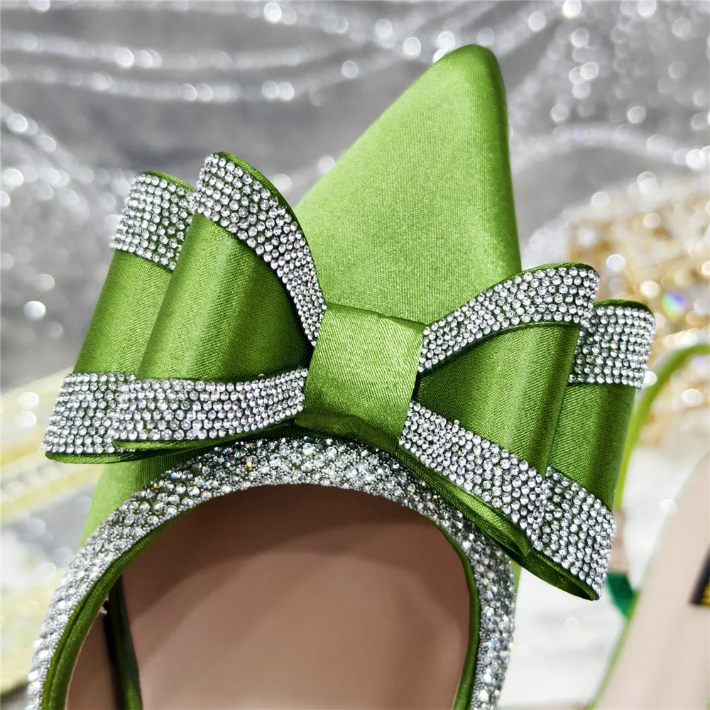 Elegant Black Satin Rhinestone Bow Slingback Heels & Clutch Bag Set, Women Bridal Matching Kit For Wedding Party Evening Prom Fo