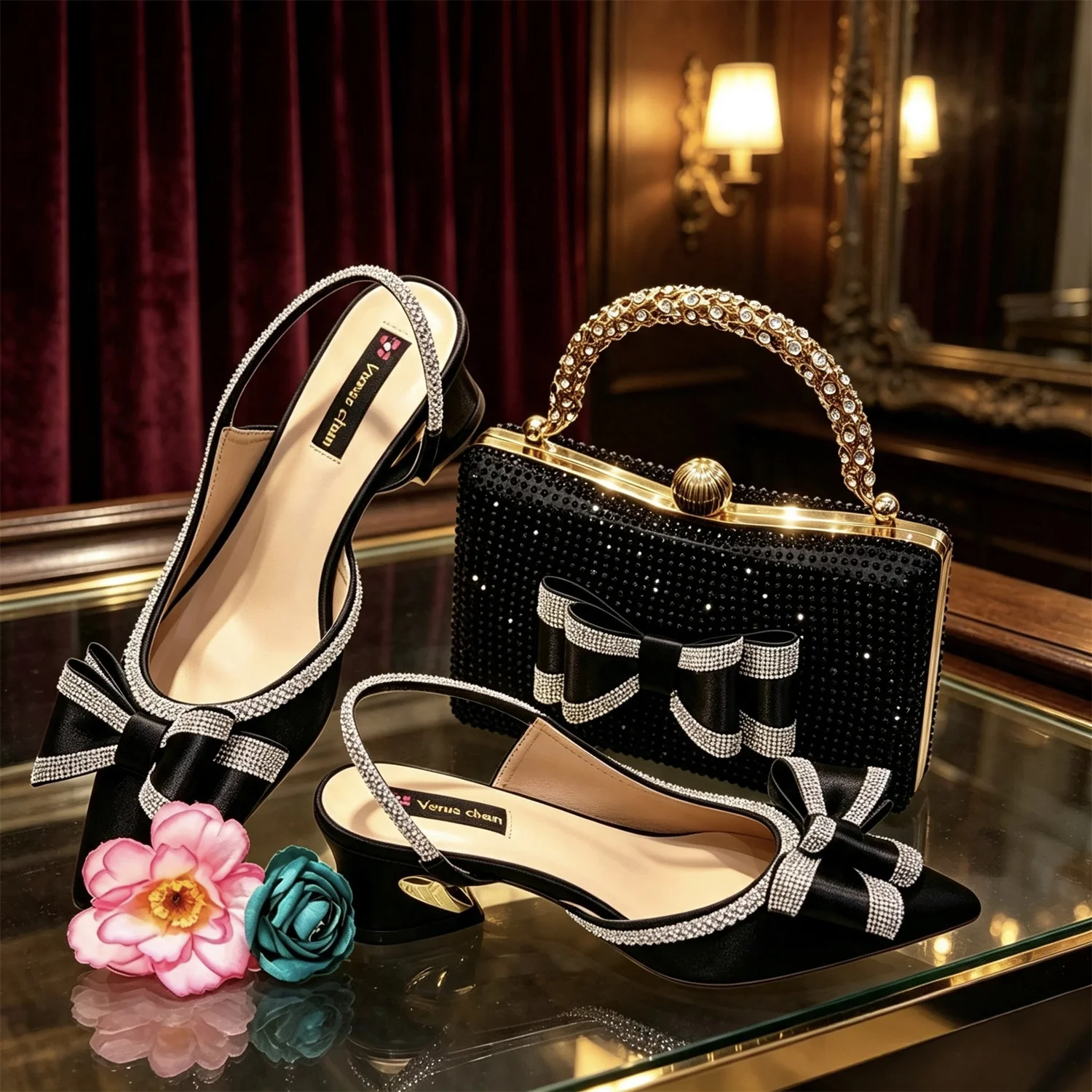 Elegant Black Satin Rhinestone Bow Slingback Heels & Clutch Bag Set, Women Bridal Matching Kit For Wedding Party Evening Prom Fo