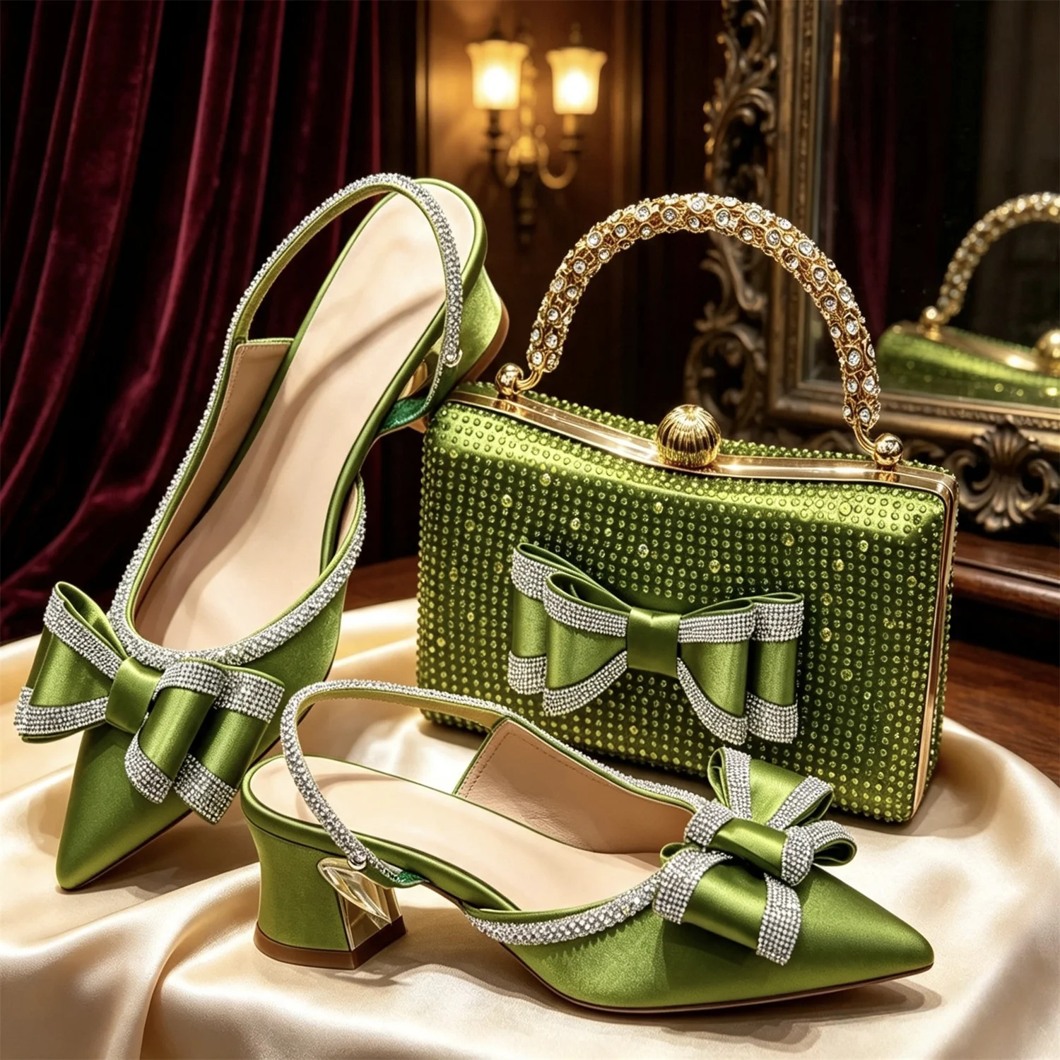 Elegant Black Satin Rhinestone Bow Slingback Heels & Clutch Bag Set, Women Bridal Matching Kit For Wedding Party Evening Prom Fo