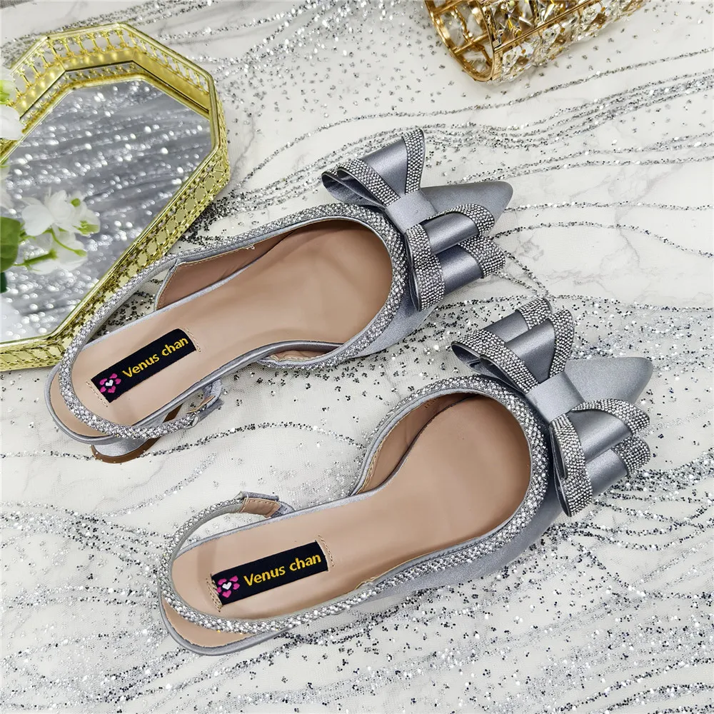 Elegant Black Satin Rhinestone Bow Slingback Heels & Clutch Bag Set, Women Bridal Matching Kit For Wedding Party Evening Prom Fo