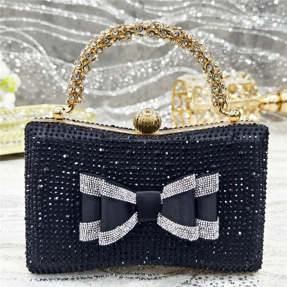 Elegant Black Satin Rhinestone Bow Slingback Heels & Clutch Bag Set, Women Bridal Matching Kit For Wedding Party Evening Prom Fo